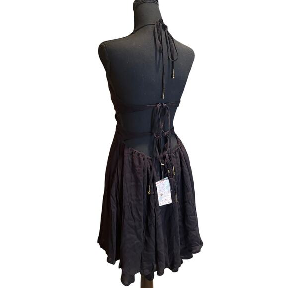 NWT Free People Black Tie-Back Deep V-Neck Cotton Dress, Size Medium - Picture 3 of 5